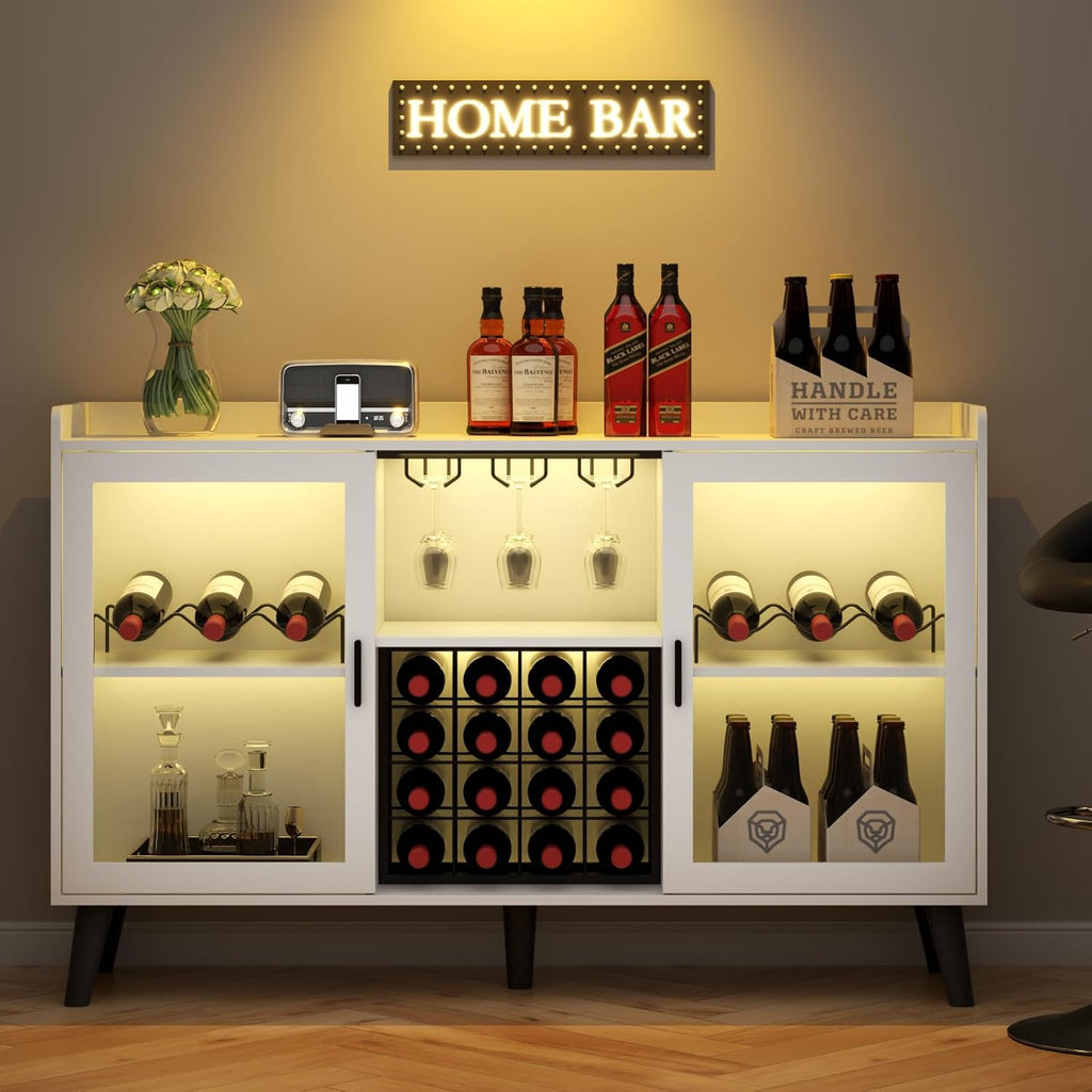 Loomie Wine Bar Cabinet with LED Light, Home Coffee Cabinet with Wine Rack and Glass Holder, Kitchen Buffet Sideboard W Storage Shelf, Freestanding Liquor Cabinet for Living Room, Dining Room (White)