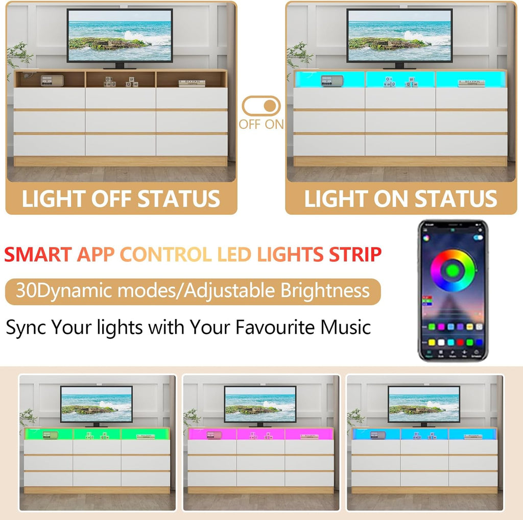 Loomie 9 Drawers Dresser, 63'' White Chests of Drawers with Power Outlet, Accent Large Double Dresser with LED Light, Modern Storage Dresser for Bedroom, Living Room (White&Light Walnut)