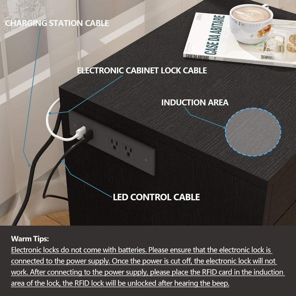 Auromie Set of 2 Nightstand with Charging Station and LED Lights, Bedside Table with Hidden Compartment for Valuables Storage, Concealment Furniture with Lock Cabinet and Power Outlets(Black- 2pcs)
