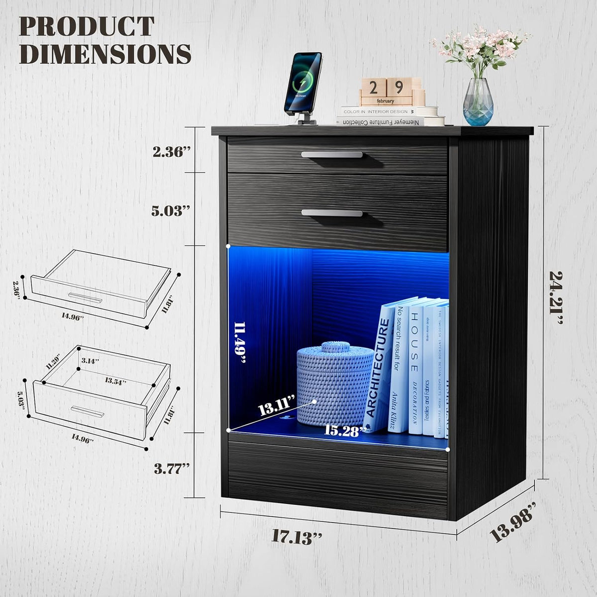 Loomie Black Nightstand with RFID Lock Cabinet & Wireless Charging Station