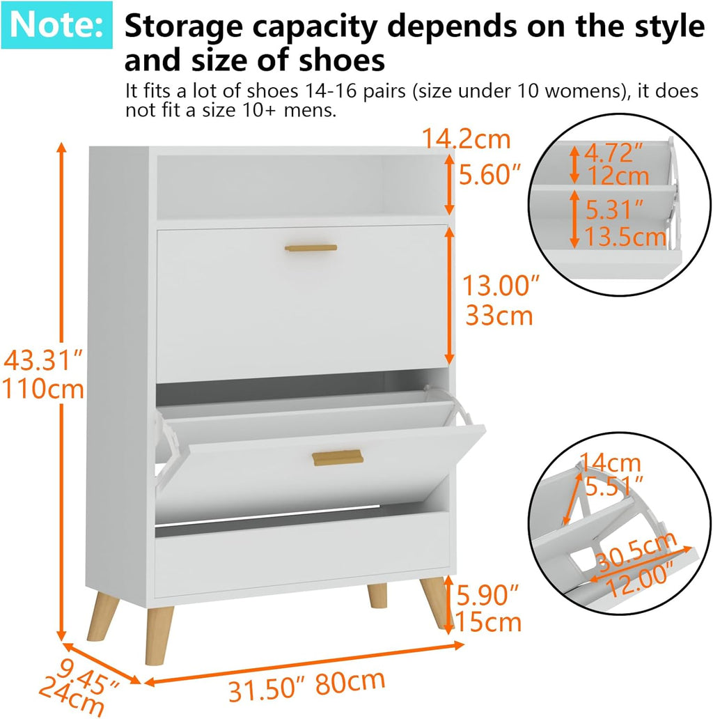 Loomie Shoe Storage Cabinet for Entryway, Free Standing Shoe Organizer with 2 Flip Drawers, Slim Narrow Hidden Shoe Rack Cabinet with Open Shelf, Shoe Cabinet for Hallway, Living Room (Off White)