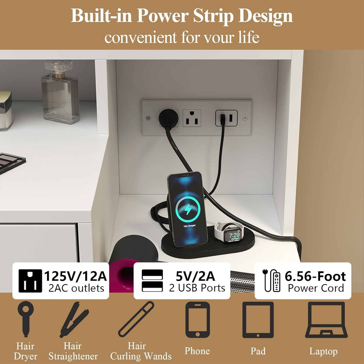 Loomie Large Makeup Table with Lighted Mirror & Power Outlet,Vanity Desk with 5 Drawers, Two Cubby & Shelf, Vanity Dresser with 11 Lights in 3 Lighting Colors for Bathroom, Bedroom,Makeup Room,White