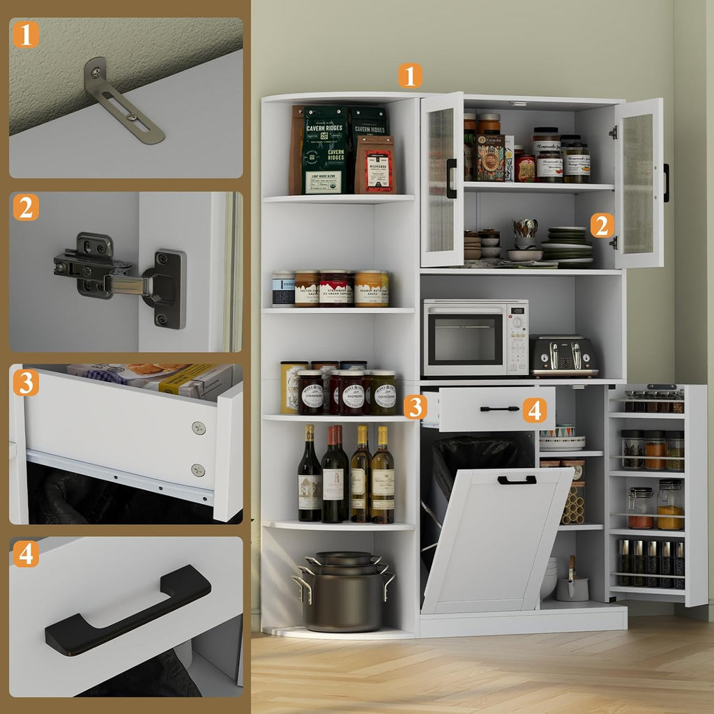 Loomie Kitchen Pantry Cabinet w/Tilt-Out Trash Storage & 5-Tier Side Shelves, Freestanding Huntch w/Microwave Stand, Glass Door & Adjustable Shelves,Cupboard w/Drawer for Dining Room, White