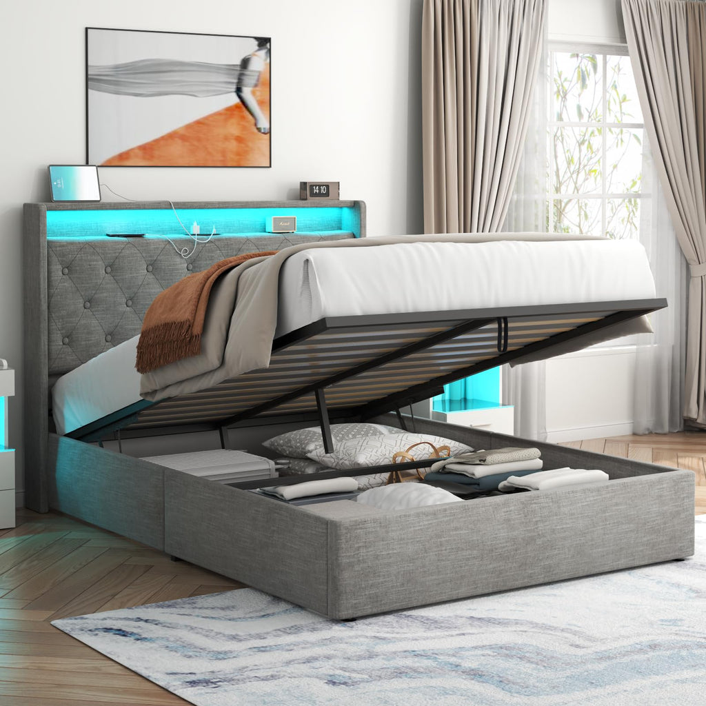 Loomie Queen Lift Up Bed Frame with Charging Station & LED Lights, Upholstered Bed with Button Tufted Wingback Storage Headboard, Hydraulic Storage, No Box Spring Needed, Wood Slats Support,Dark Grey