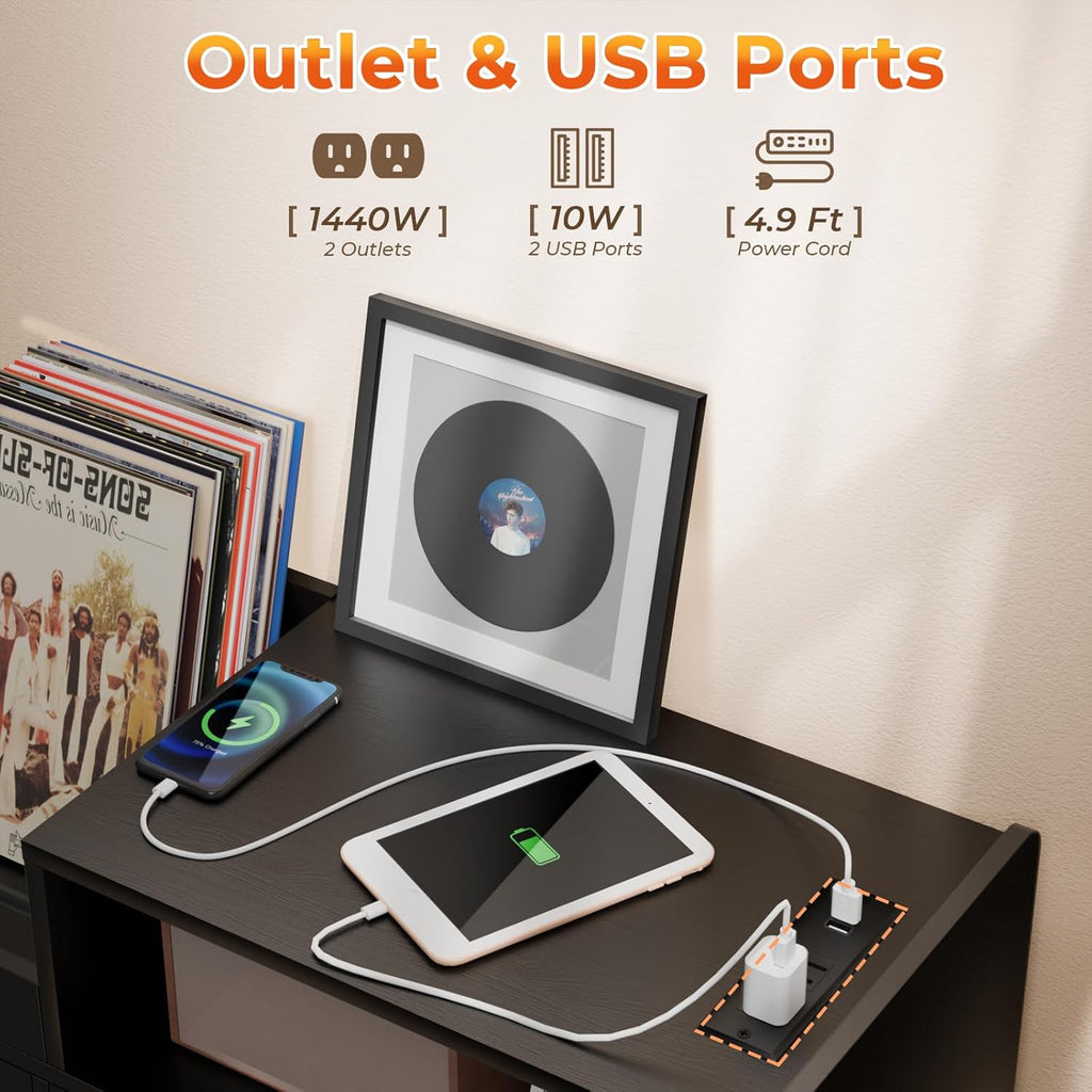 Loomie Large Black Record Player Stand Turntable Stand Shelf with with Power Outlet and LED Light,Vinyl Record Storage Cabinet Up to 350 Albums,Wood Record Player Holder Table for Living Room