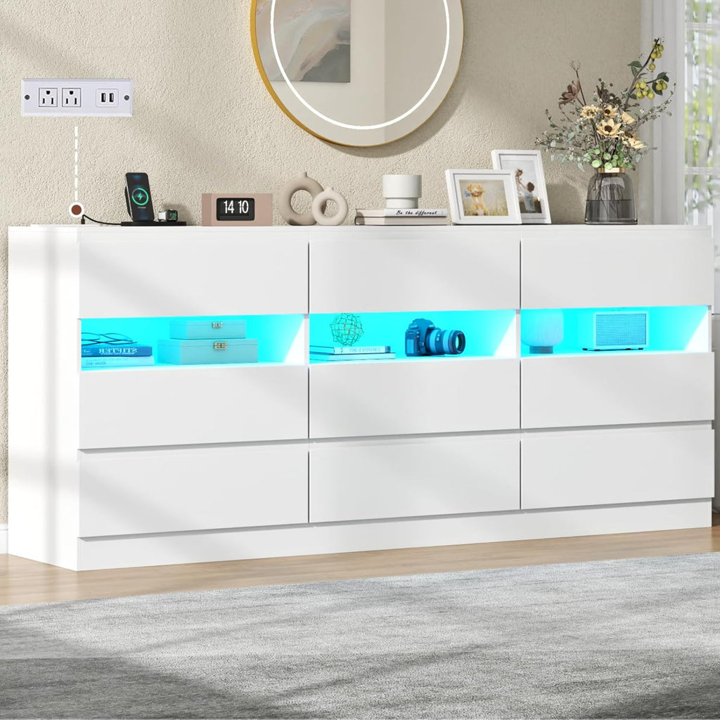 Loomie 9 Drawer Triple Dresser with Charging Station & Led Lights for Bedroom,Long 63" White Dresser TV Stand for TVs up to 75",Wide Large Drawer Dressers Organizer with 3 Open Cubbies for Hallway