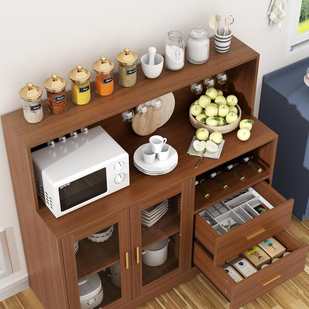 Auromie Wine Bar Cabinet with LED Light, Home Coffee Cabinet with Wine and Glass Rack, Kitchen Buffet Sideboard with Storage Cabinet&Drawers, Modern Liquor Cabinet for Living Room Dining Room (Brown)
