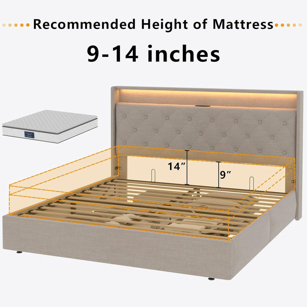 Queen Lift Up Storage Bed Frame w/Charging Station & LED Lights,Beige