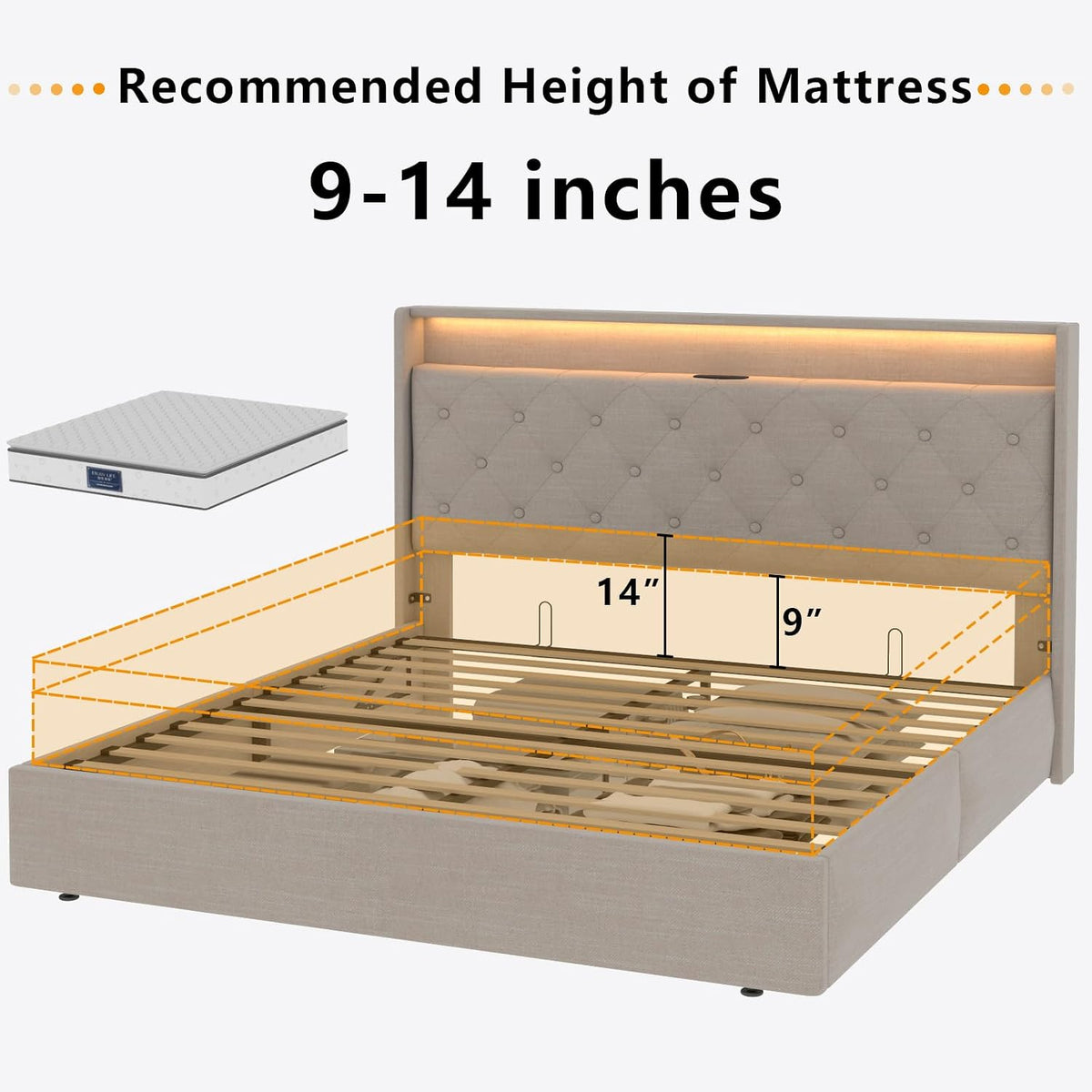 Queen Lift Up Storage Bed Frame w/Charging Station & LED Lights,Beige