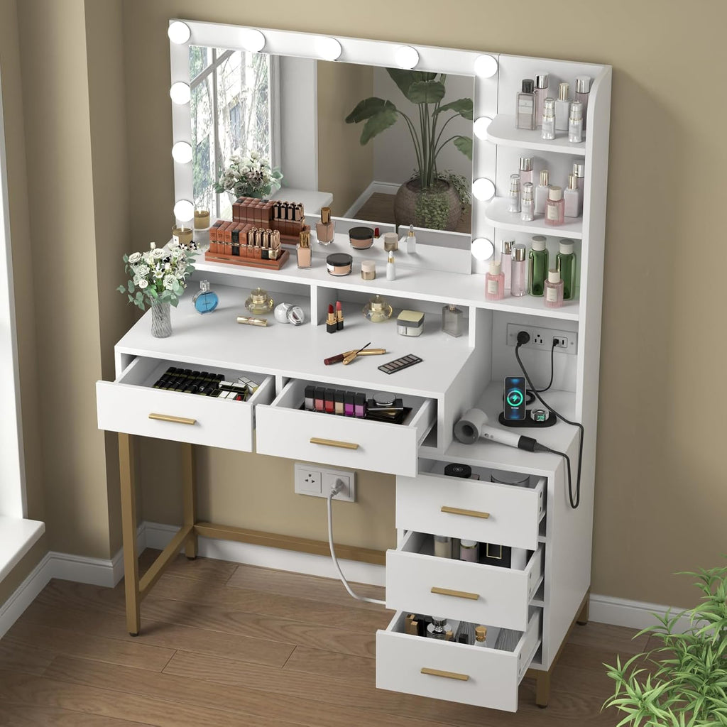 Loomie Large Makeup Table with Lighted Mirror & Power Outlet,Vanity Desk with 5 Drawers, Two Cubby & Shelf, Vanity Dresser with 11 Lights in 3 Lighting Colors for Bathroom, Bedroom,Makeup Room,White