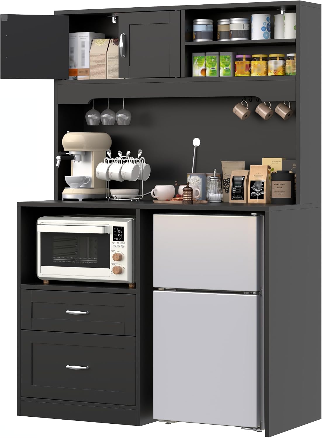 Kitchen Pantry Cabinet with Power, Kitchen Hutch with Fridge Space & Drawer