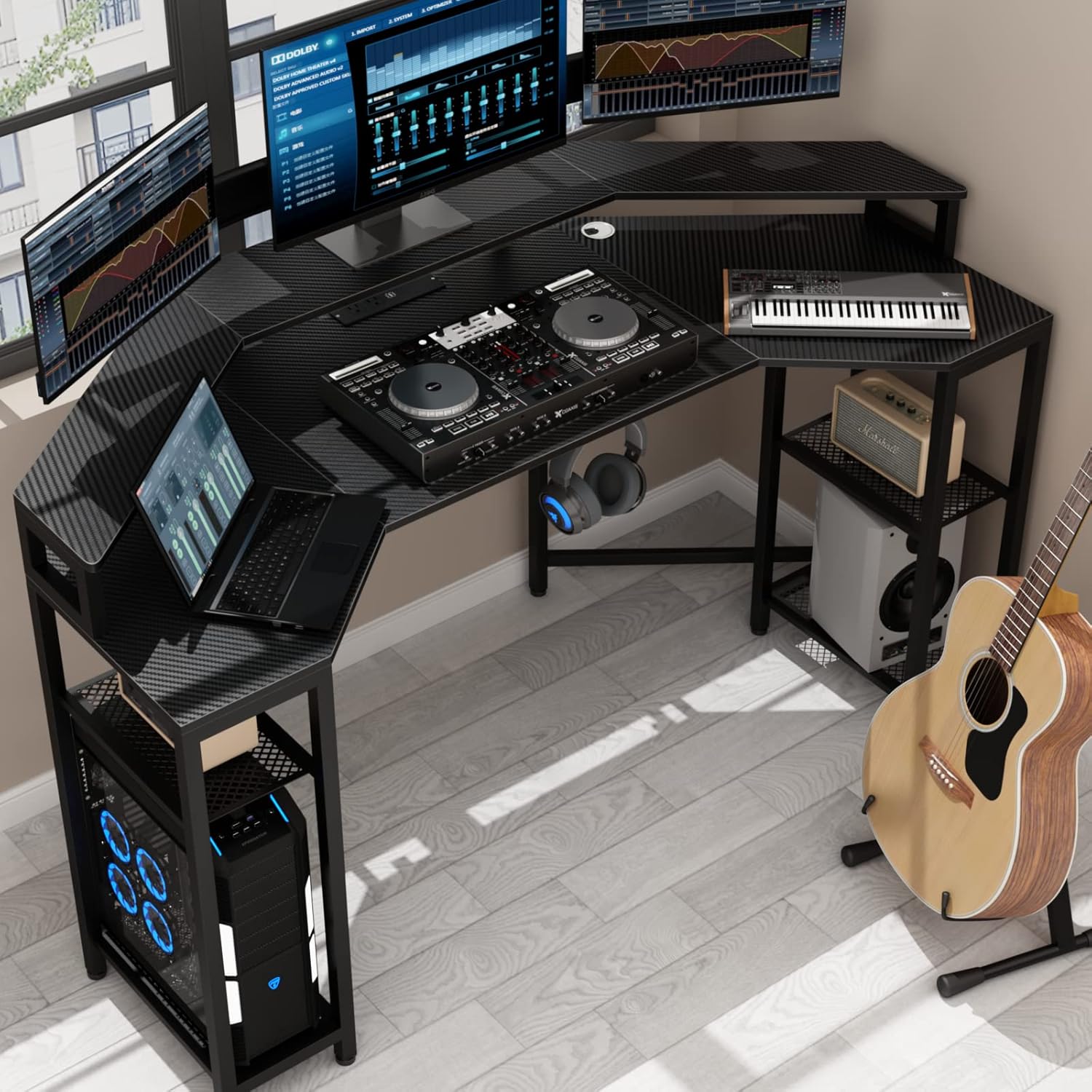 Loomie Computer Desk with Power Outlet & Led Light, 63" Large Wing-Shaped Gaming Desk with Full Monitor Stand, Wireless Charging, RGB Mouse Pad,Headphone Hook,Studio Desk with Storage Shelf for Live