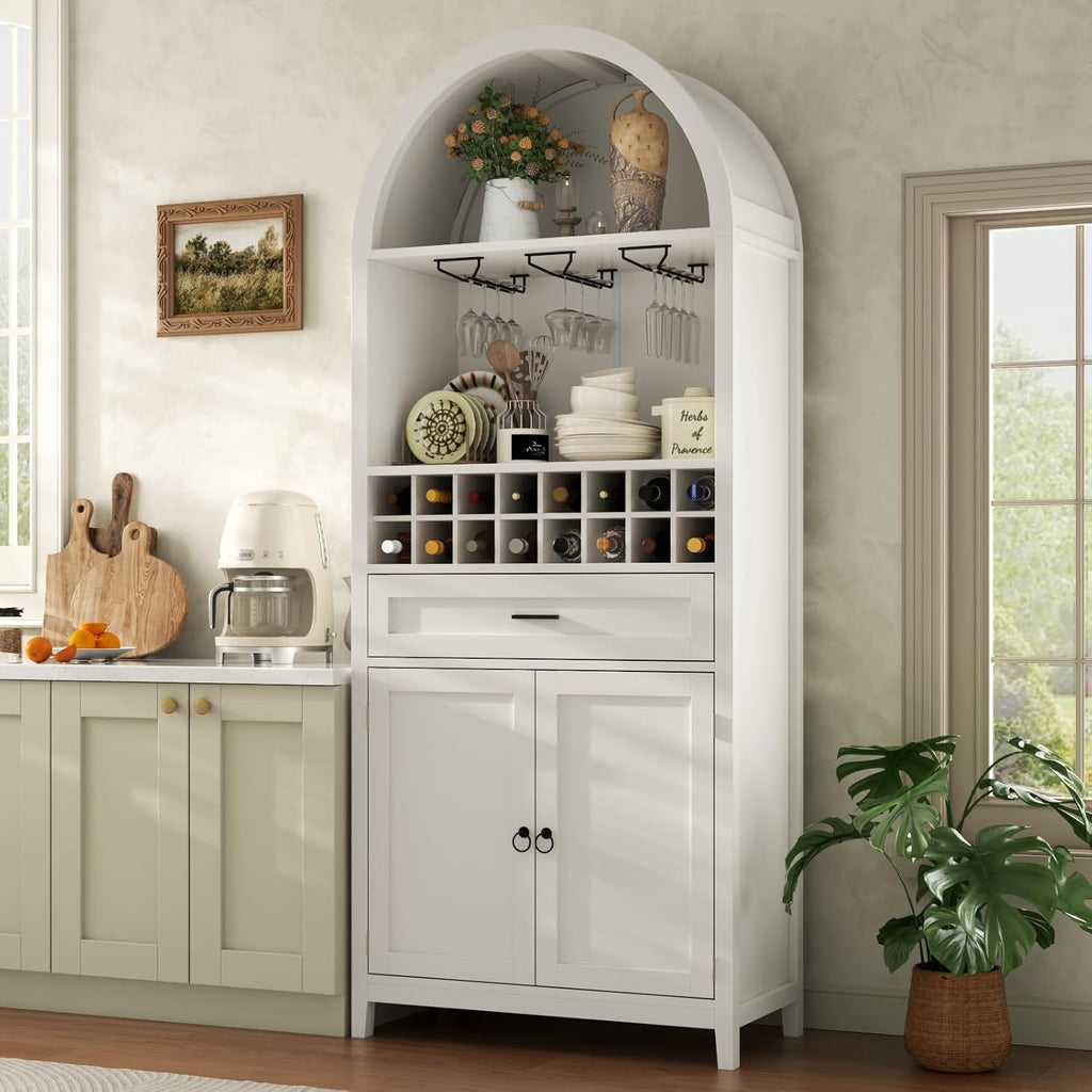 75.7" Tall Arched Wine Bar Cabinet, Bar Cabinets with Glass Holders & Wine Rack, Liquor Cabinet for Home, Kitchen Pantry W/Drawer & Shelves, Versatile Cupboard for Dining Room (White)