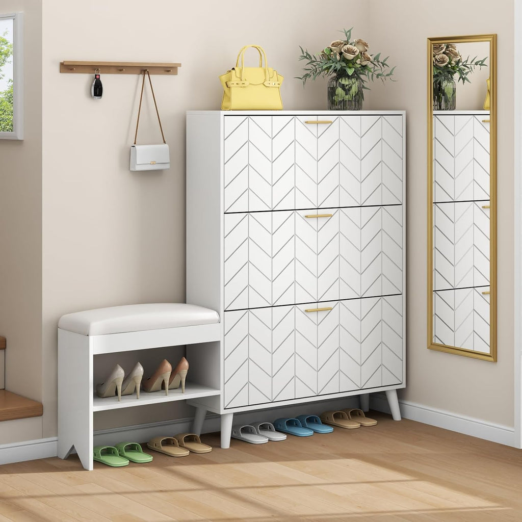 Loomie Shoe Cabinet w/3 Flip Drawers, Shoe Storage Cabinet w/Bench for Entryway, Freestanding Narrow Hidden Shoe Rack Organizer with Open Shelf & Solid Wood Legs for Hallway,Living Room,Closet,White