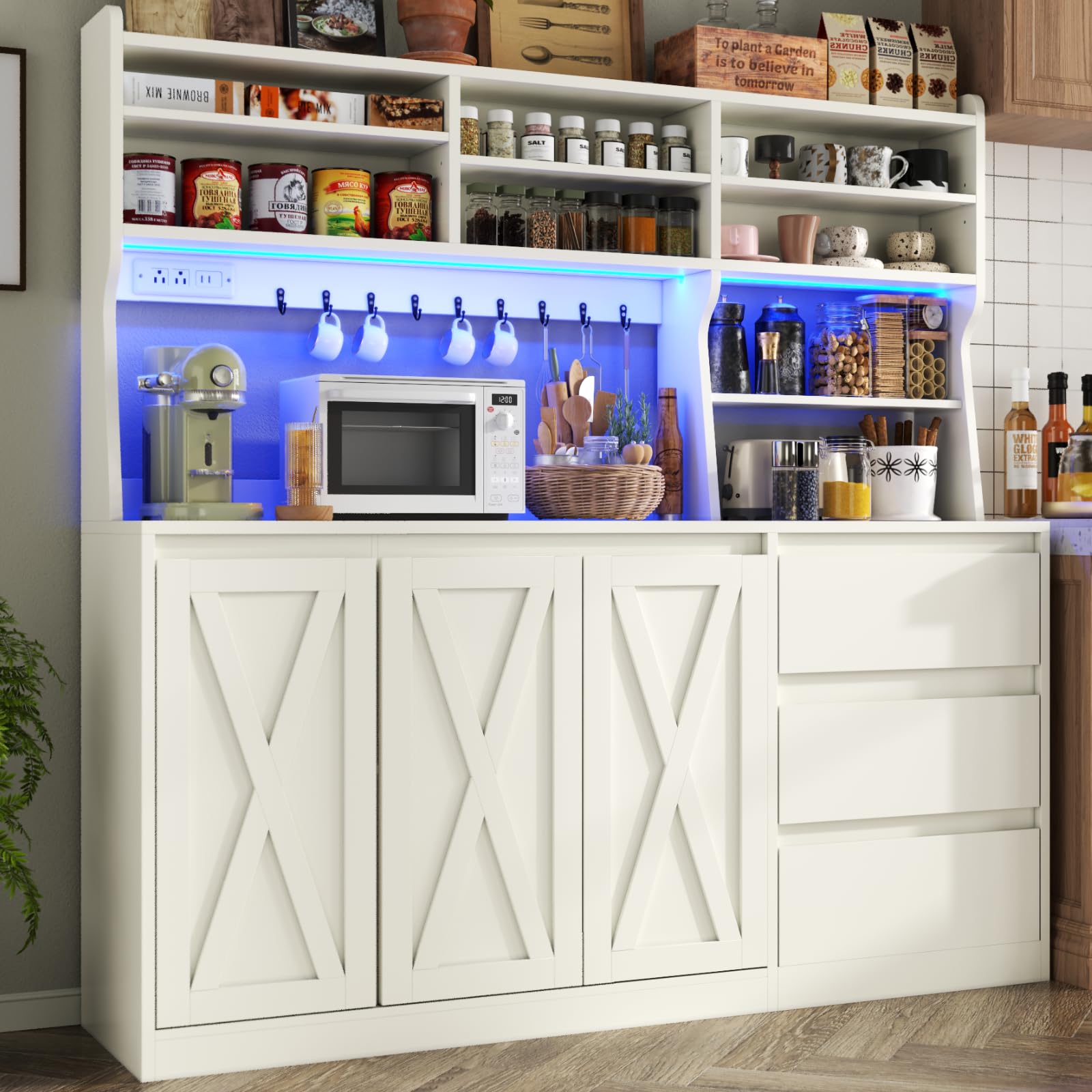 Loomie Farmhouse Sideboard Buffet Cabinet with Storage, 59" Kitchen Storage Cabinet with Power Outlet & LED Light, Coffee Bar w/Microwave Stand & Doors & Drawers & Hooks & Adjusted Shelves (Black)