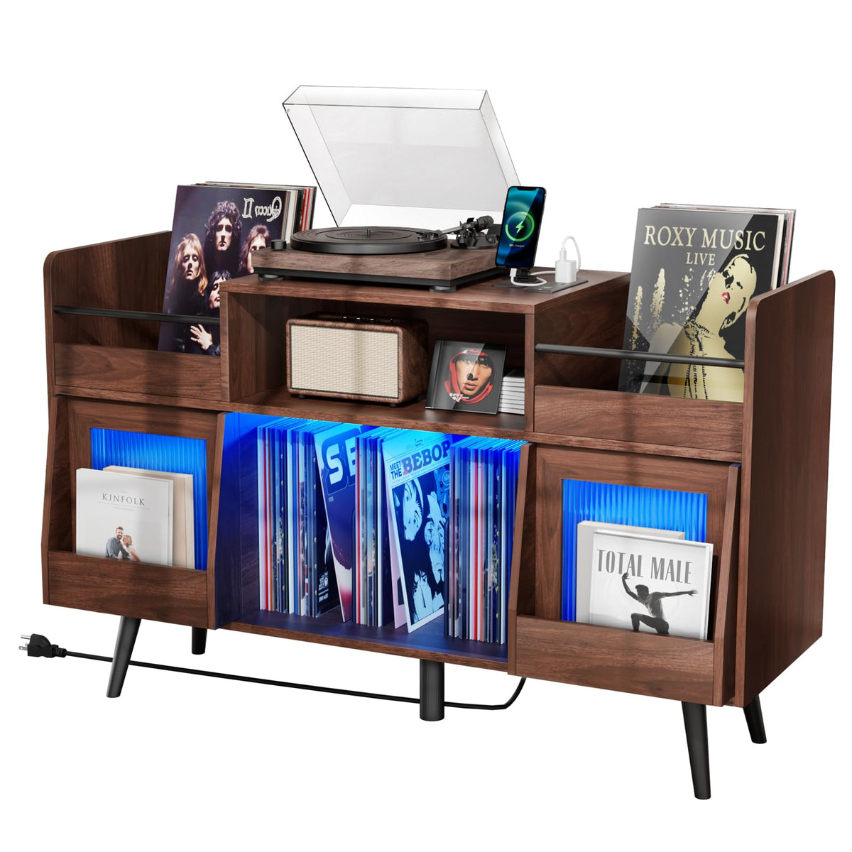 Large Record Player Stand -Turntable Stand Shelf w/Power Outlet & LED Light