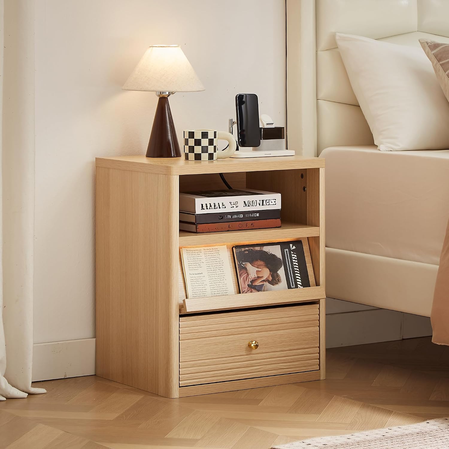 Gyfimoie Nightstand with Charging Station, End Table wiht LED Lights, Bedside Table with 2 Drawer, Night Stand with Open Shelf, Bedside Table for Bedroom