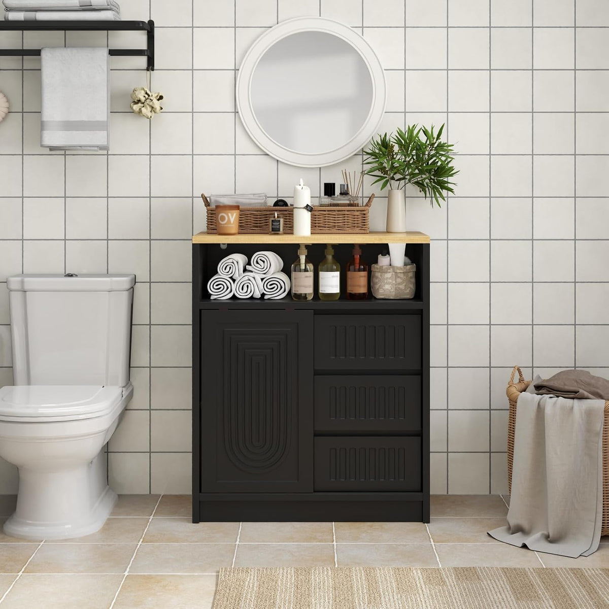 Freestanding Bathroom Storage Cabinet with 3 Drawers & Sliding Door, Black