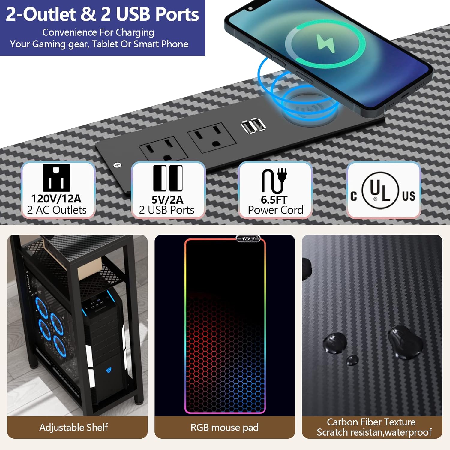 Loomie Computer Desk with Power Outlet & Led Light, 63" Large Wing-Shaped Gaming Desk with Full Monitor Stand, Wireless Charging, RGB Mouse Pad,Headphone Hook,Studio Desk with Storage Shelf for Live