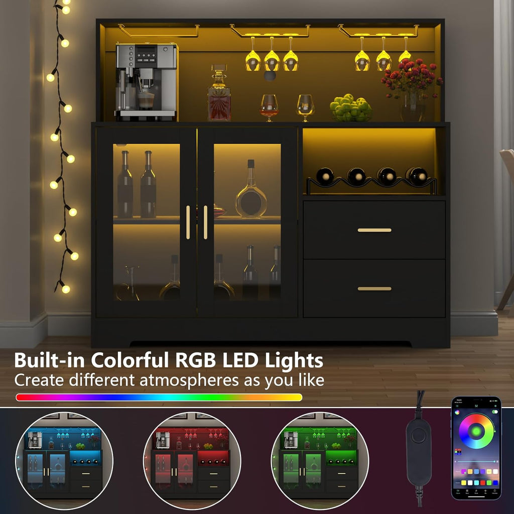 Gyfimoie Modern Bar Cabinet with LED Lights & Drawer,Coffee Bar Station