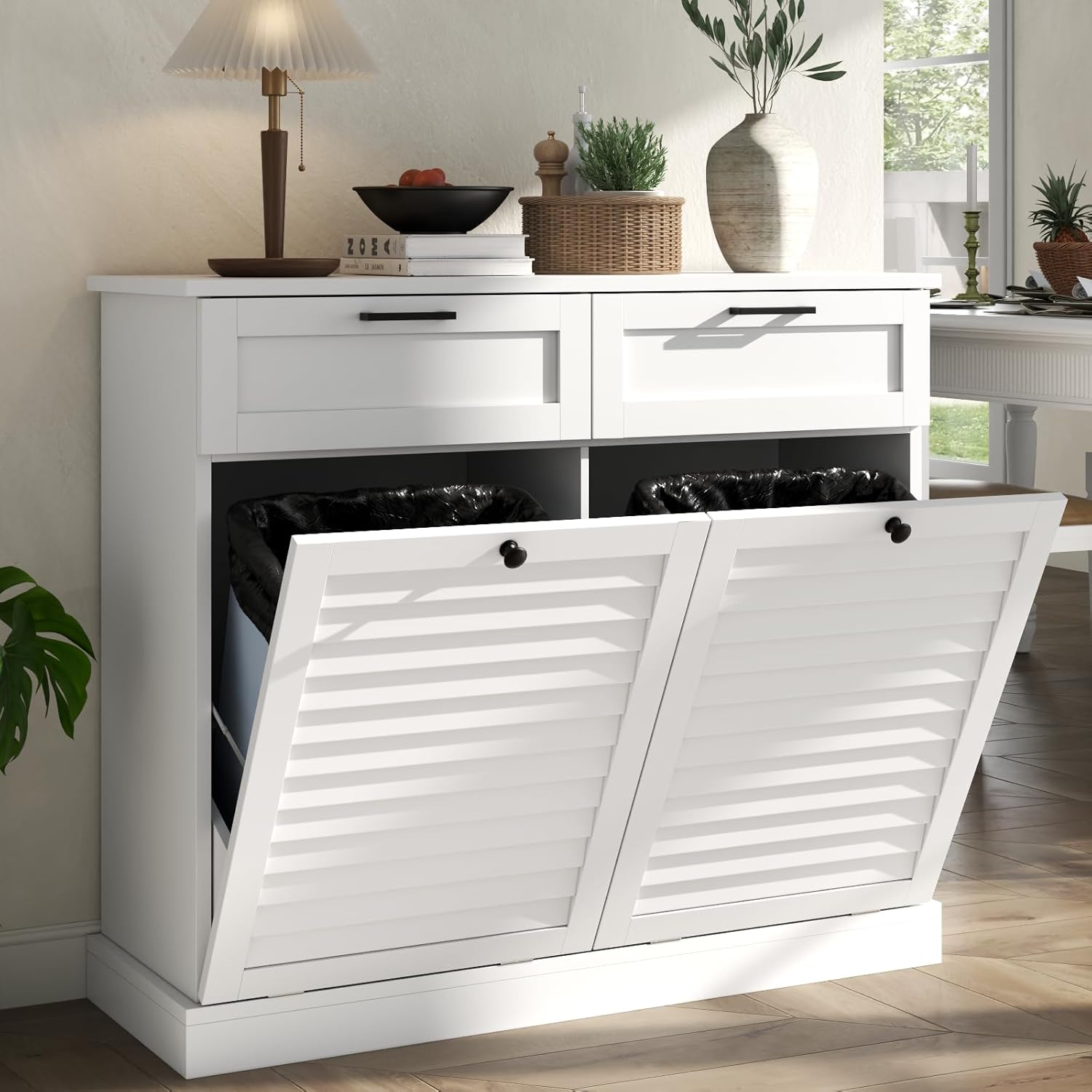 Double Tilt Out Laundry Hamper Cabinet, 30 Gallon Trash Can Cabinet with Shutter Front & 2 Drawers, Hidden Garbage Can Bin Cabinets with 2 Laundry Storage Basket for Bathroom, Kitchen (White, Full)