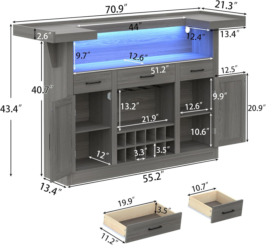 Loomie Bar Table Cabinet with LED & 3 Drawers,Liquor Bar with Adjustable Storage Shelves & Stemware Holders,Crescent Shaped Counter for Home Pub,Wine Alcohol Bar Stand with Wine Rack & Door (Grey Oak)