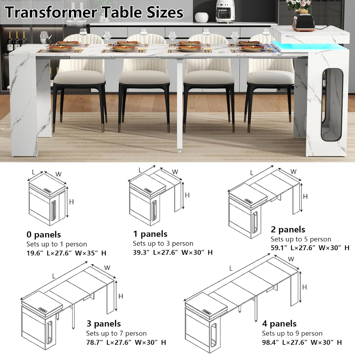Expandable Room Dining Table with Power Outlet, Space-Saving Dining Table