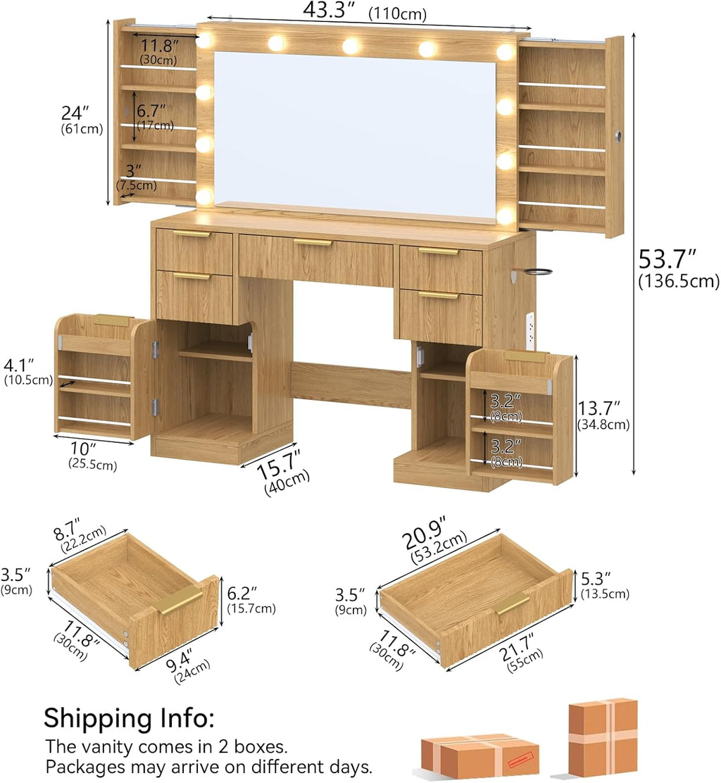 Loomie Big Fluted Vanity Desk with 36" Mirror,11 LED Lights & Power Outlet,Large Wood Makeup Vanity Table with 2 Hidden Storage Shelf, Modern Dressing Table w/5 Drawers and 2 Cabinets for Bedroom