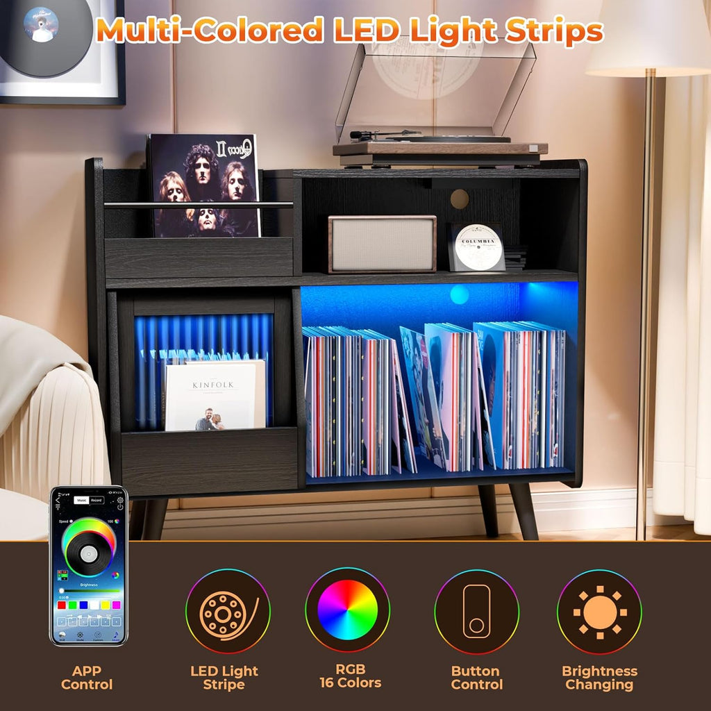 Loomie Large Black Record Player Stand Turntable Stand Shelf with with Power Outlet and LED Light,Vinyl Record Storage Cabinet Up to 350 Albums,Wood Record Player Holder Table for Living Room