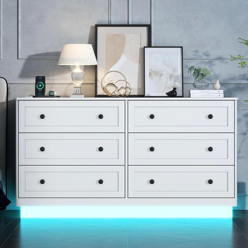 Loomie 6 Drawer Dresser with Power Outlet, Modern Chest of Drawers with Led Light, Double Wide Drawer Organizer Cabinet, Dresser for Bedroom, Living Room, Entryway (White)