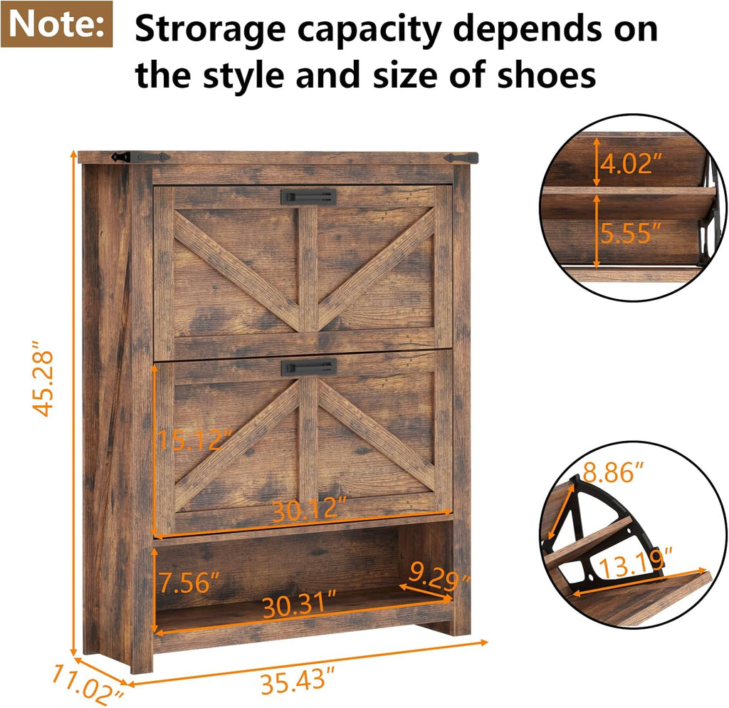 Loomie Farmhouse Shoe Storage Cabinet,Free Standing Shoe Organizer with 2 Flip Drawers, Narrow Modern Slim Hidden Shoe Cabinet with Doors & Cubby for Entryway, Vintage Brown