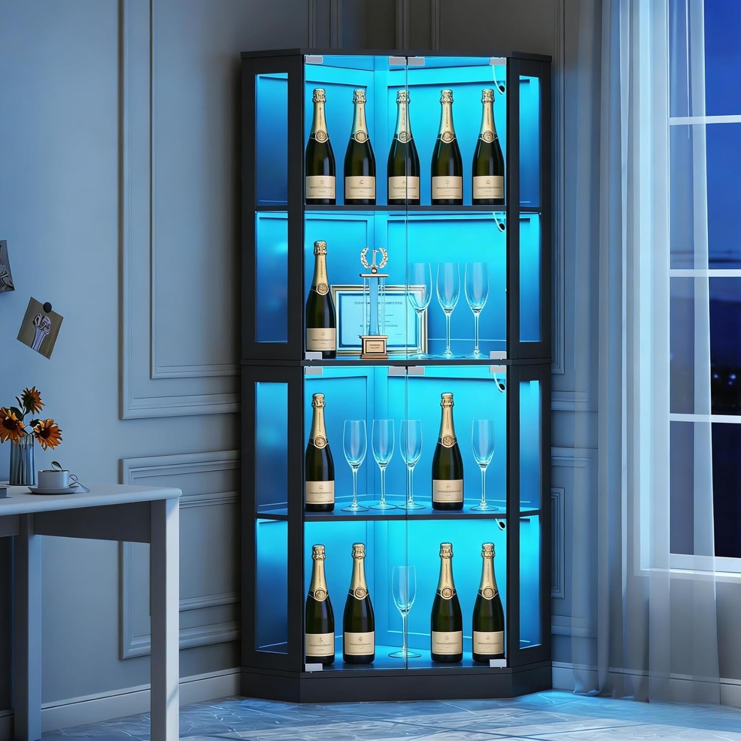 Gyfimoie Corner Wine Bar Cabinet with LED Lights,65" Tall Modern Liquor Cabinet with Tempered Glass Door,4-Tier Home Bar Liquor Storage Cabinet for Home Living Dining Room, Kitchen