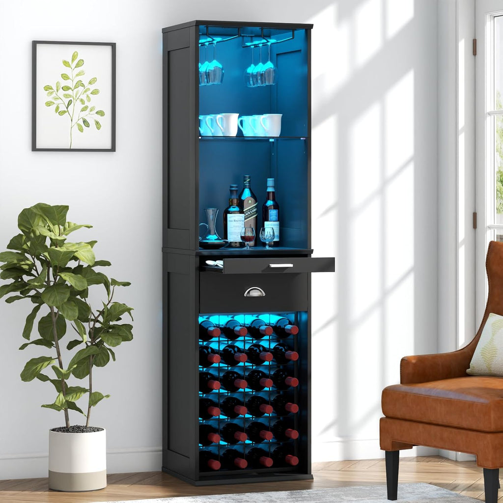 Loomie Wine Bar Cabinet with LED Lights, 65'' Tall Coffee Bar Cabinet with 24 Wine Rack & Glass Holder, Kitchen Storage with Tray & Drawer & Adjustable Shelf (Black)