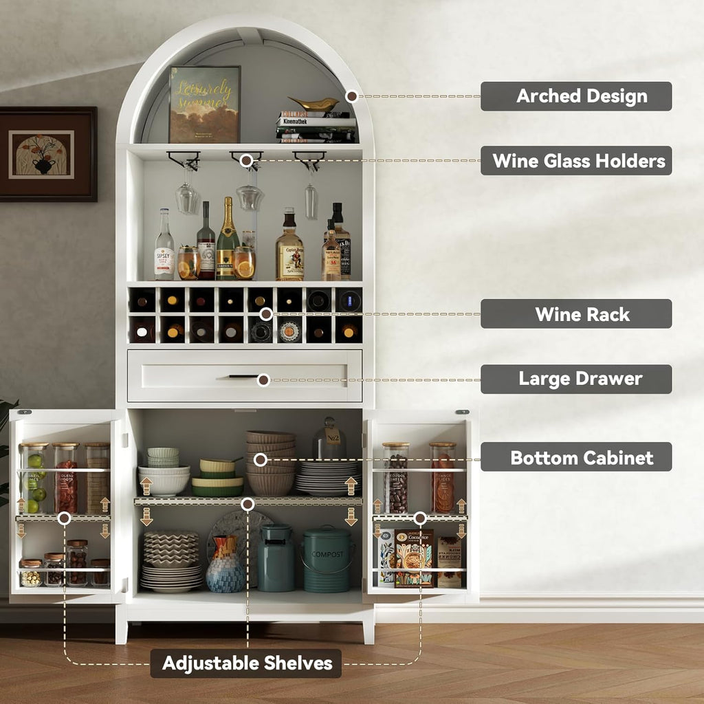 75.7" Tall Arched Wine Bar Cabinet, Bar Cabinets with Glass Holders & Wine Rack, Liquor Cabinet for Home, Kitchen Pantry W/Drawer & Shelves, Versatile Cupboard for Dining Room (White)