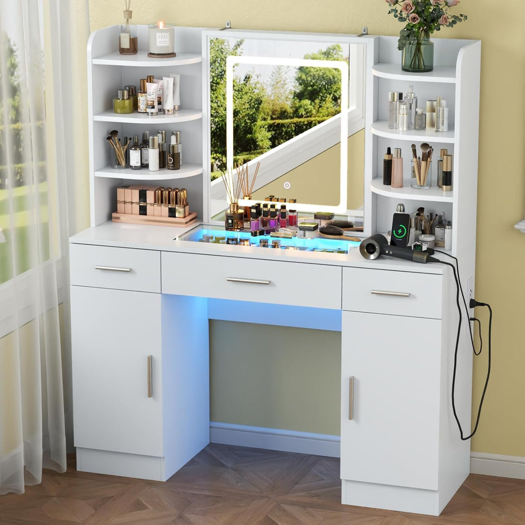 Loomie Vanity Desk with Lighted Mirror & Power Outlet, Makeup Vanity Table with 3 Drawers, 6 Shelves & 2 Cabinets, Tempered Glass Tabletop Dressing Table with LED lights for Bedroom, White (3 Drawers)