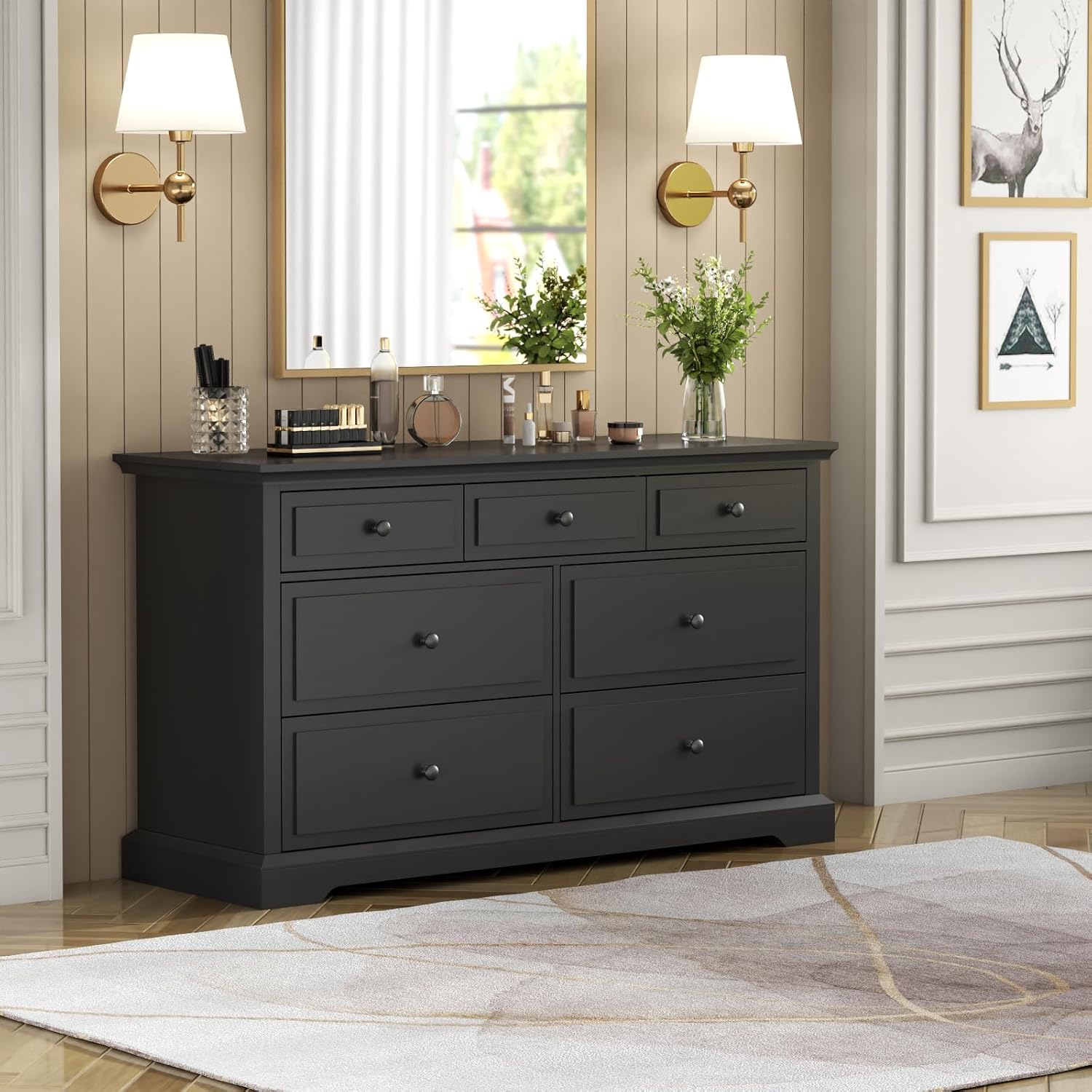 Loomie 7 Drawers Black Double Dressers Chests for Bedroom, Large Storage Dresser Organizer for Bedroom, Long Dresser Tv Stand, Vintage Solid Tall Closet Dresserss with Storage for Living Room, Hallway