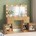 Loomie Big Fluted Vanity Desk with 36" Mirror,11 LED Lights & Power Outlet,Large Wood Makeup Vanity Table with 2 Hidden Storage Shelf, Modern Dressing Table w/5 Drawers and 2 Cabinets for Bedroom