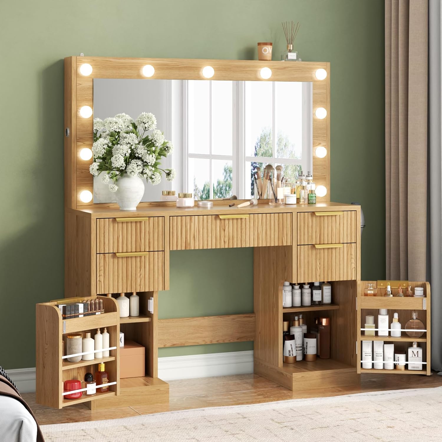 Loomie Big Fluted Vanity Desk with 36" Mirror,11 LED Lights & Power Outlet,Large Wood Makeup Vanity Table with 2 Hidden Storage Shelf, Modern Dressing Table w/5 Drawers and 2 Cabinets for Bedroom