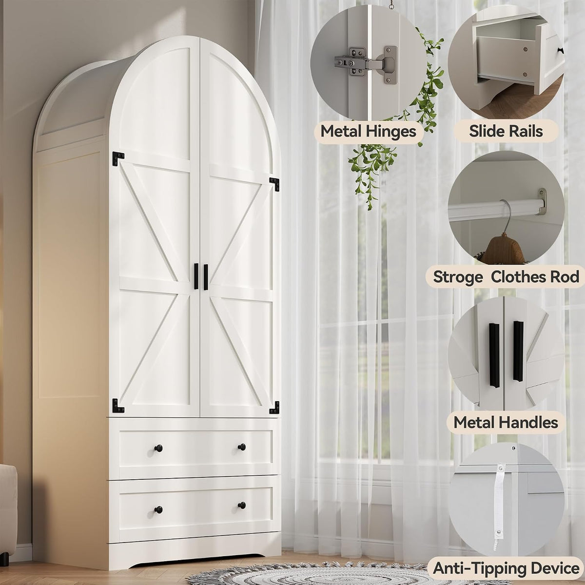 Gyfimoie 75" Armoire Wardrobe Closet with 2 Drawers and 2 Doors, Tall Bedroom Freestanding Armoire Storage Cabinet with Shelves, Wood Large Wardrobe Combination for Hanging Clothes (White)