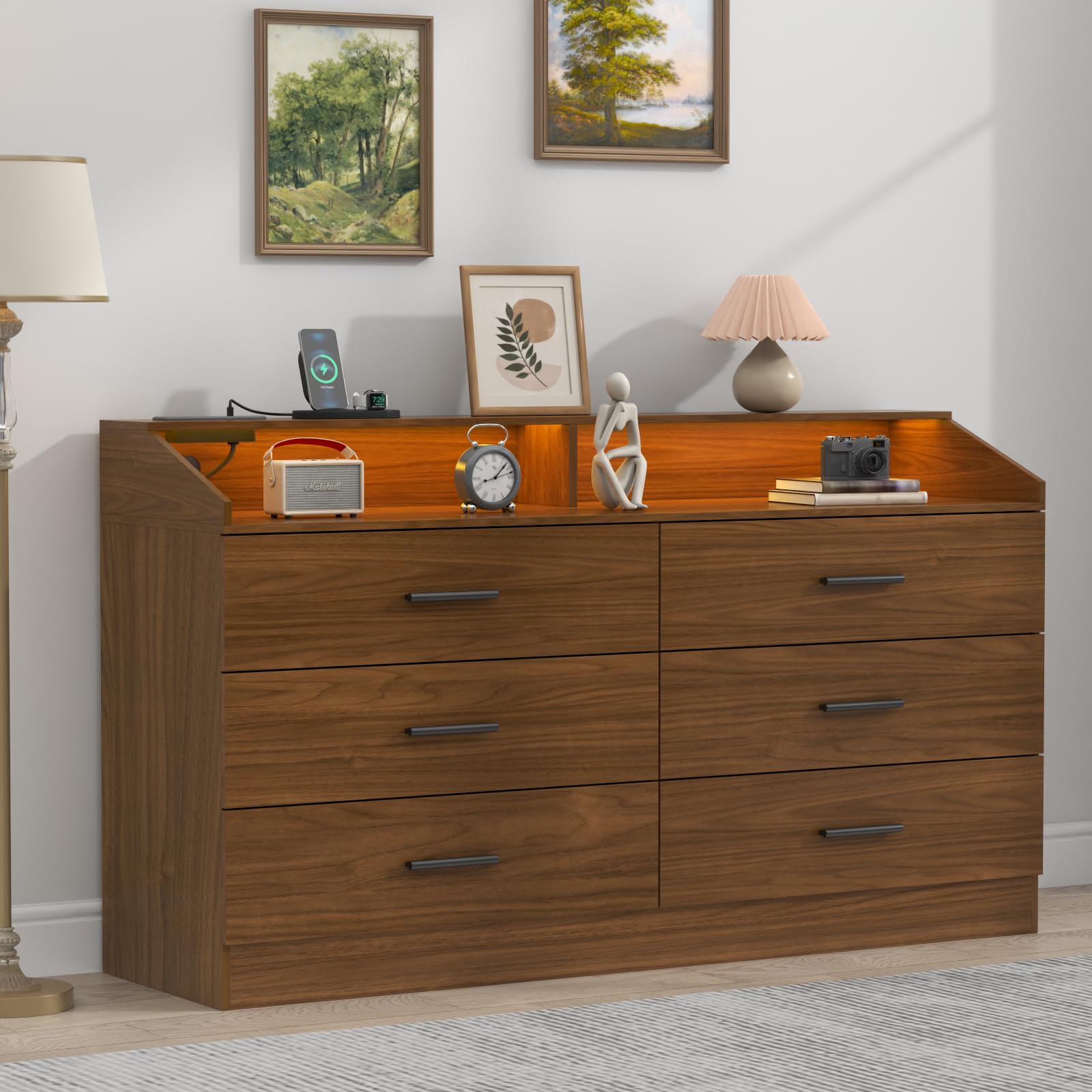 Gyfimoie 4 Drawers Dresser with Power Outlet, Chest of Drawers with LED Light, White Dresser Organizer with Open Storage Cubby, Modern Nightshatnd for Bedroom, Living Room, Entryway, Hallway
