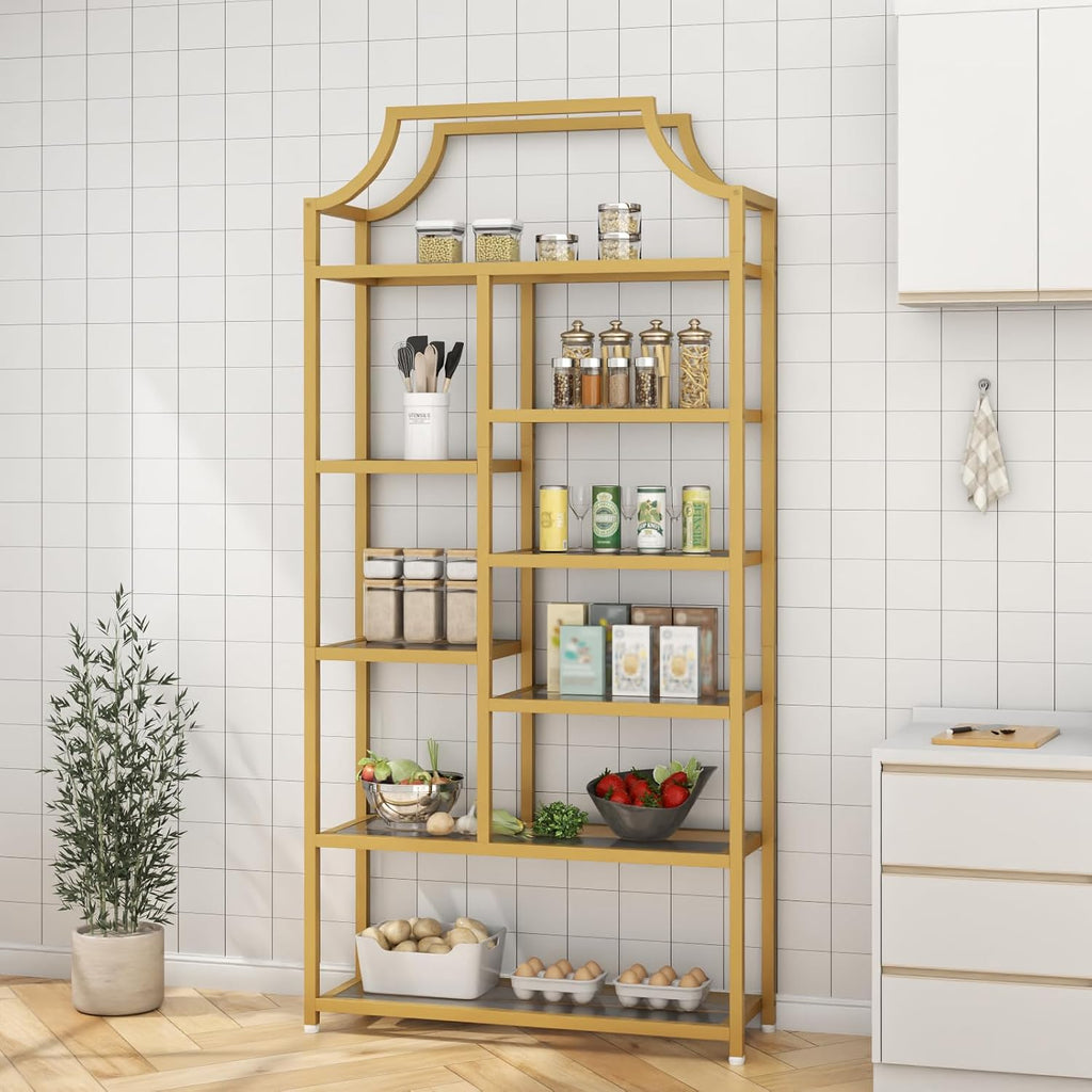 Loomie 8-Open Shelf Bookshelf, 70.87" H x 31.5" L Lux Etagere, Tempered Glass Bookcase, Tall Storage Display Modern Open Book Case for Bedroom, Home Office & Living Room, Gold Finish & Glass Shelving