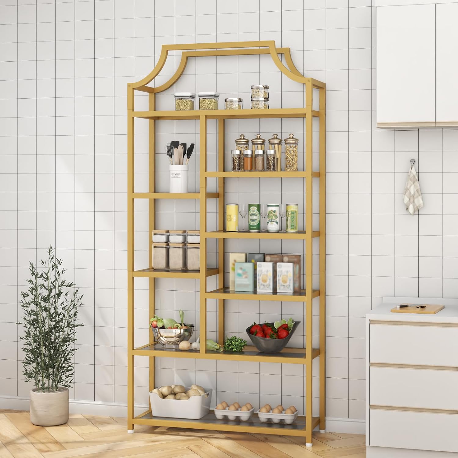 Loomie 8-Open Shelf Bookshelf, 70.87" H x 31.5" L Lux Etagere, Tempered Glass Bookcase, Tall Storage Display Modern Open Book Case for Bedroom, Home Office & Living Room, Gold Finish & Glass Shelving