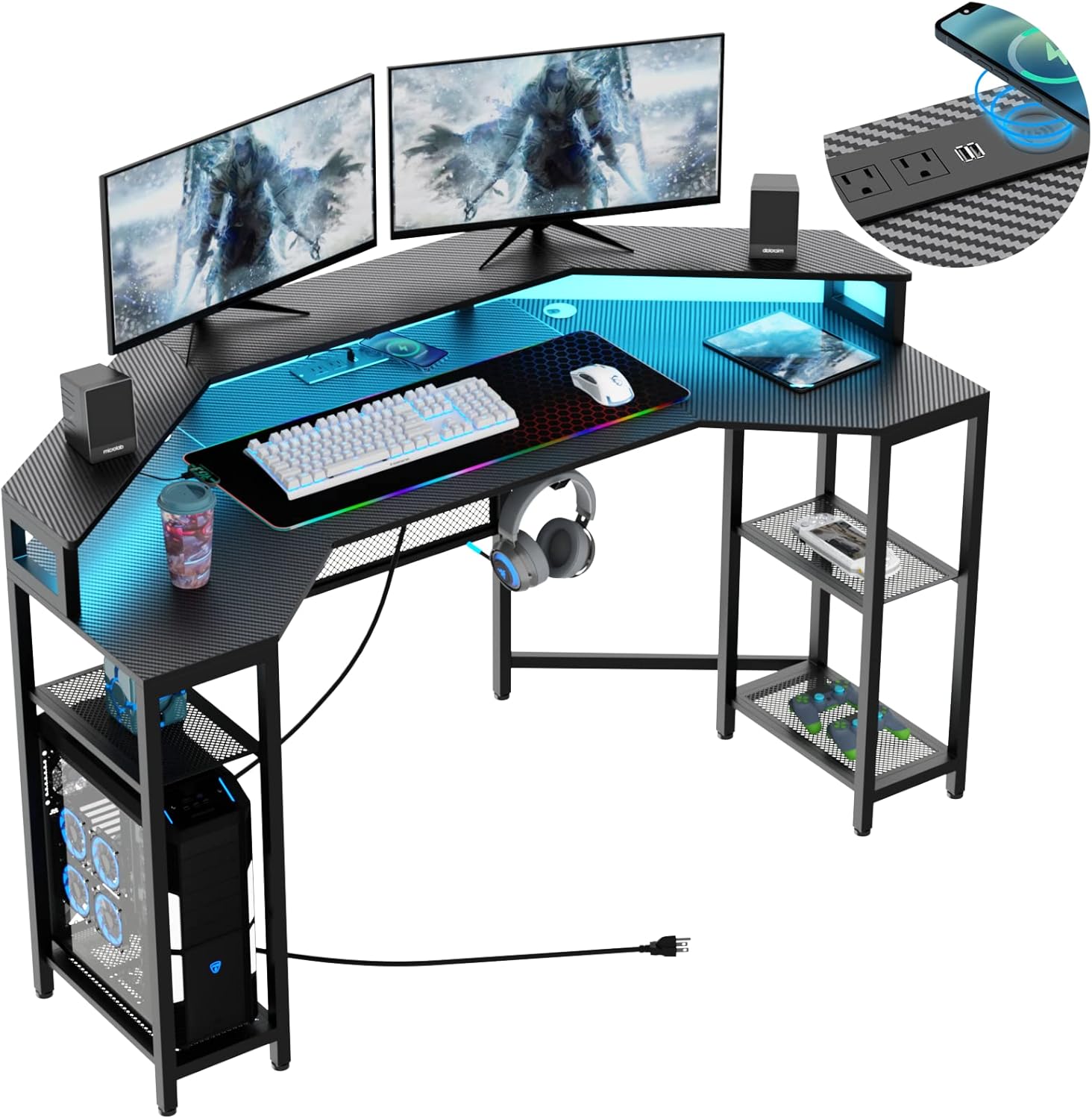 Loomie Computer Desk with Power Outlet & Led Light, 63" Large Wing-Shaped Gaming Desk with Full Monitor Stand, Wireless Charging, RGB Mouse Pad,Headphone Hook,Studio Desk with Storage Shelf for Live