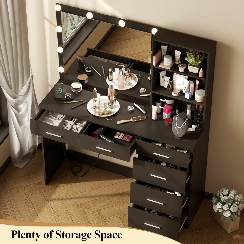 Gyfimoie Black Vanity with Lighted Mirror, 39" Makeup Vanity Desk with 10 Light Bulbs & Power Outlets, 6-Drawer & 3-Storage Shelf Dressing Table for Women Girls Bedroom (Black, 39.4 Inches)