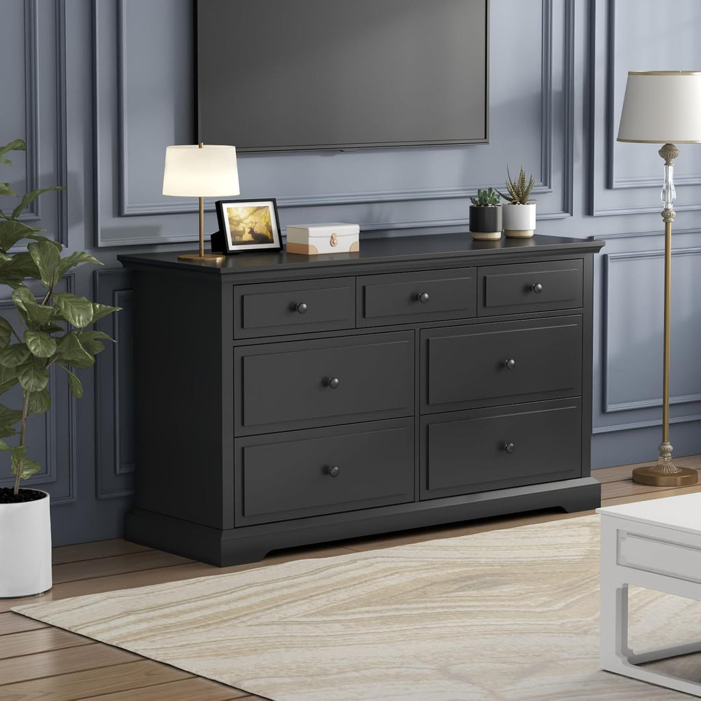 Loomie 7 Drawers Black Double Dressers Chests for Bedroom, Large Storage Dresser Organizer for Bedroom, Long Dresser Tv Stand, Vintage Solid Tall Closet Dresserss with Storage for Living Room, Hallway