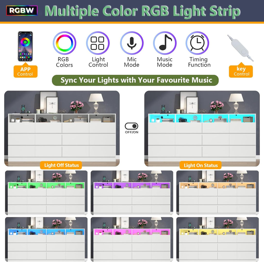 Loomie 12-Cell Divided Drawers White Dresser with Charging Station & Led Lights for Bedroom, Long 63" Wide Dresser TV Stand for TVs up to 75", Large Dressers Organizer with 4 Open Cubbies
