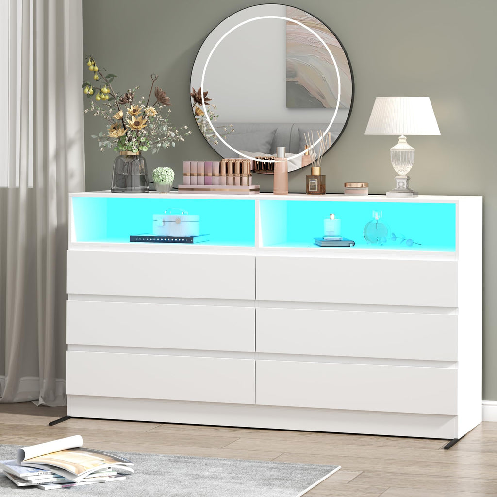 Loomie 6 Drawer Dresser for Bedroom, Wide Chest of Drawers with Charging Station and LED Lights, Traditional Bedroom Furniture, Modern Storage Dresser TV Stand for Living Room (Black)