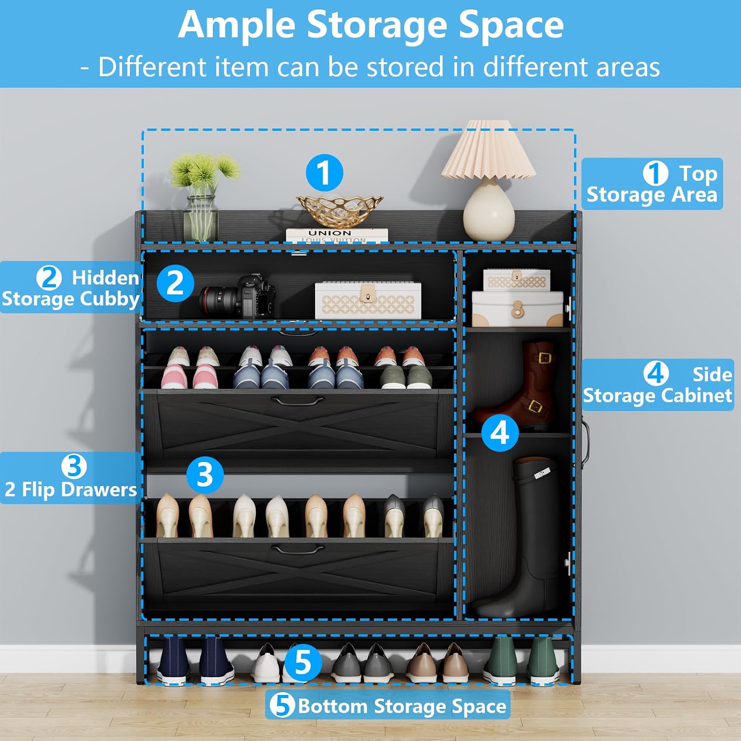Auromie Free Standing Shoe Organizer with 2 Flip Drawers and Side Cabinet, Entryway Narrow Shoe Storage with Door for Hallway and Living Room (Black Plus)