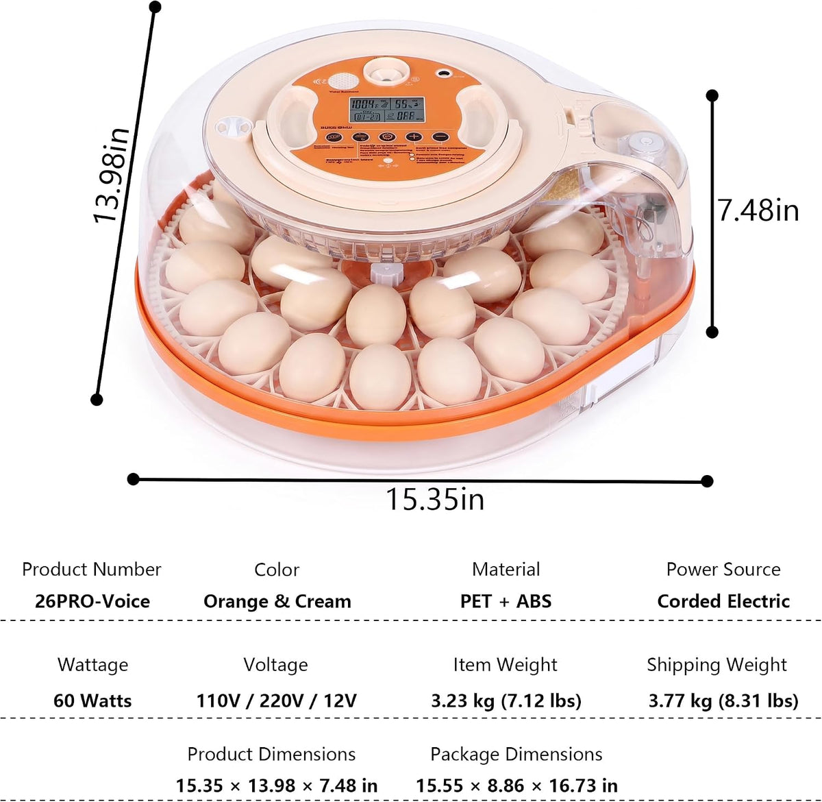 26 Eggs Incubator with Smart Voice Control & Auto Temp/Humidity Control