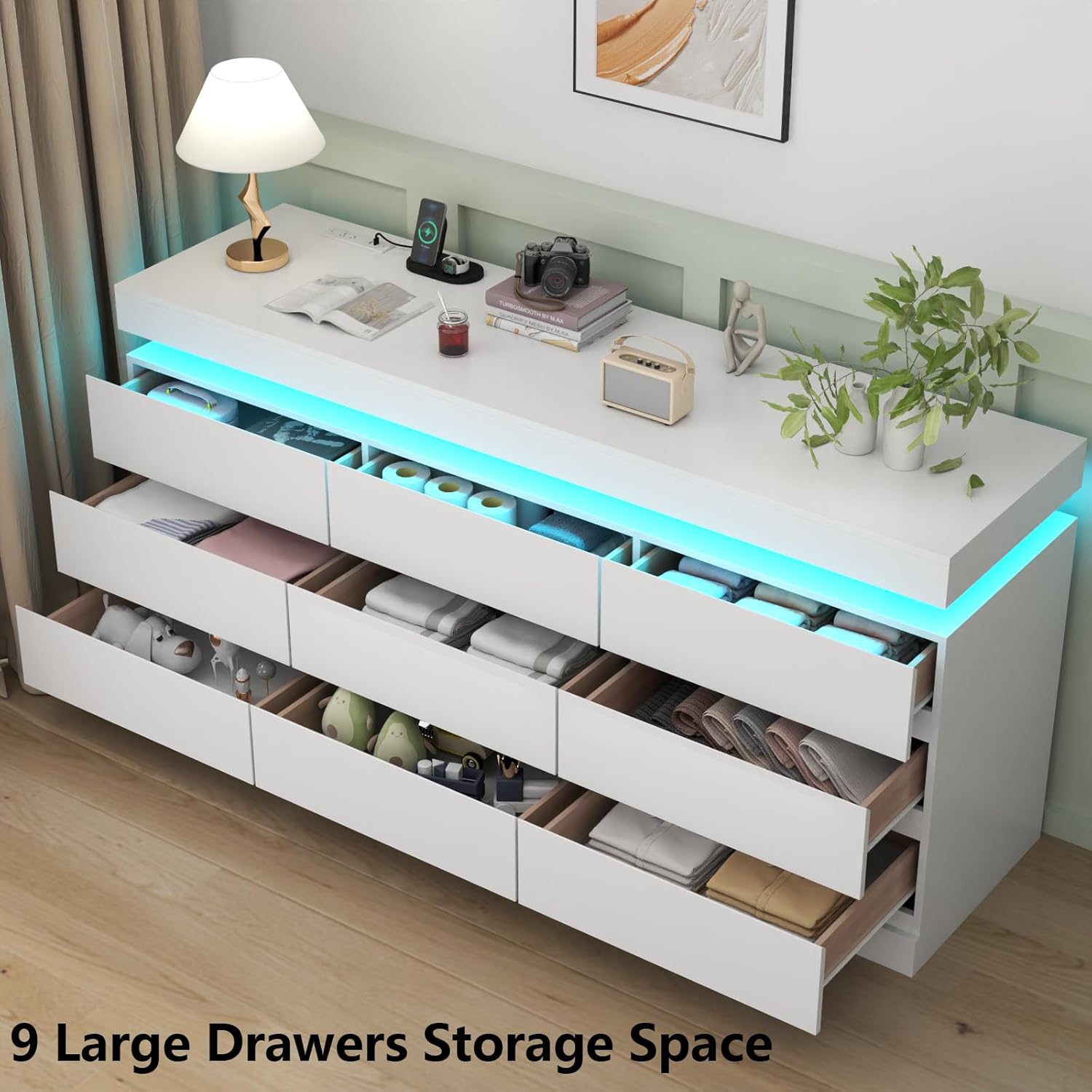 Gyfimoie 9 Drawer Dresser with Power Outlet, Dresser with LED Light, Modern Chest of Drawers for Closet, Double Wide Drawer Organizer Cabinet for Bedroom, Living Room (White, 9 Drawers)